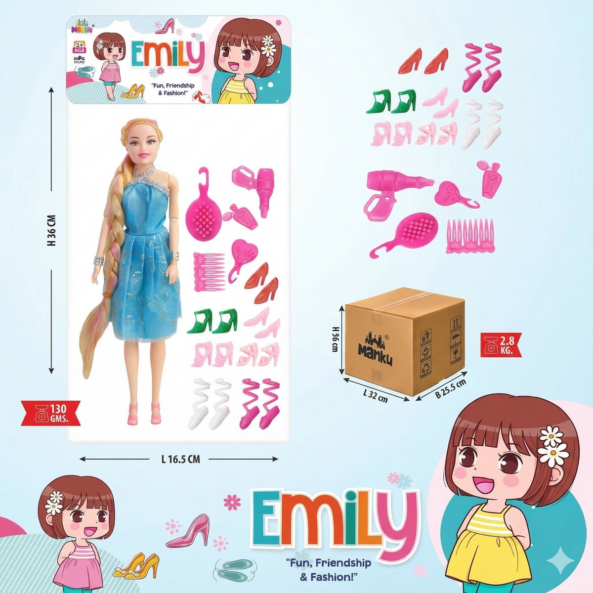 Toy doll set with accessories and packaging on a light blue background
