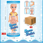 Product packaging of a 'Snow Sister' doll with dimensions and features displayed.