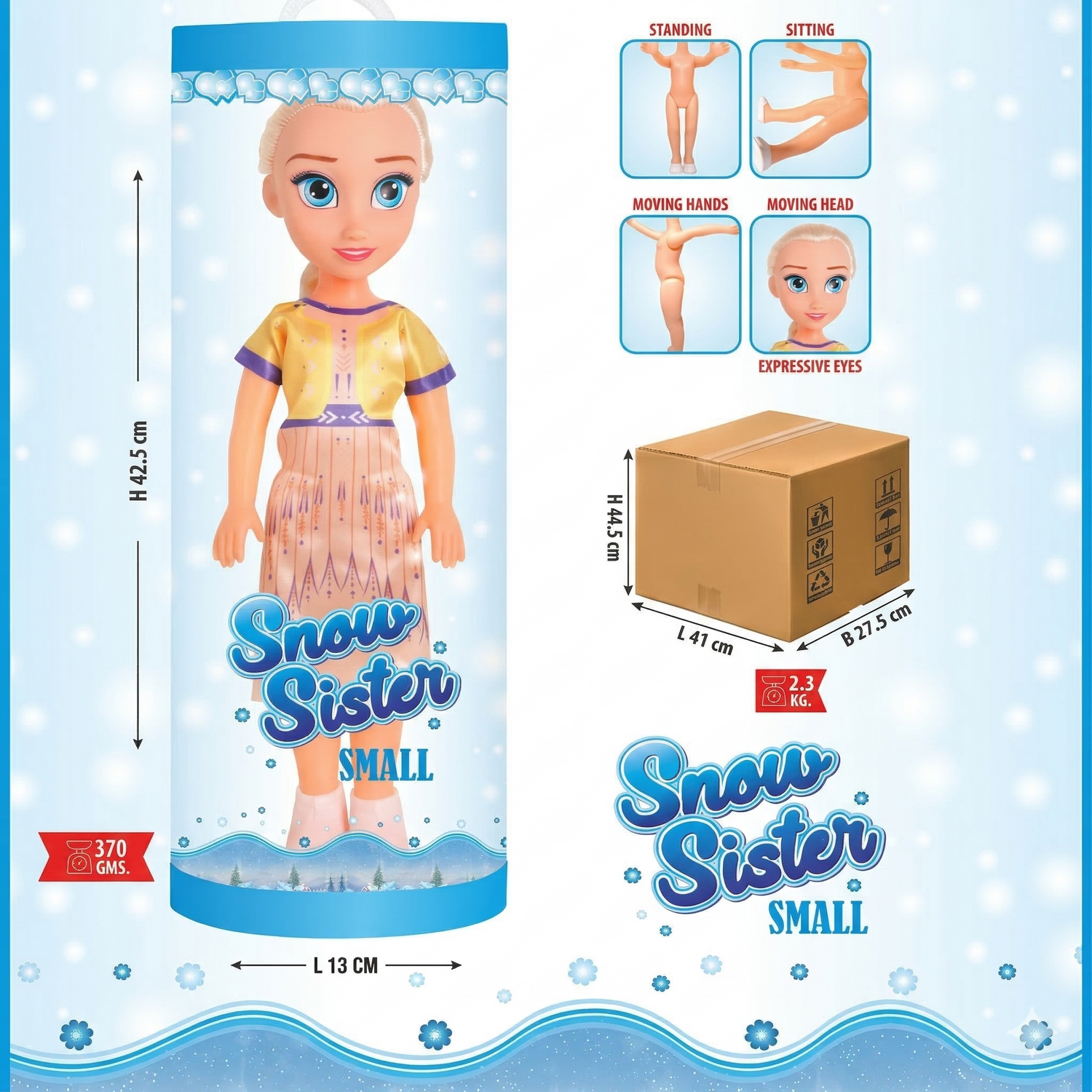 Product packaging of a 'Snow Sister' doll with dimensions and features displayed.