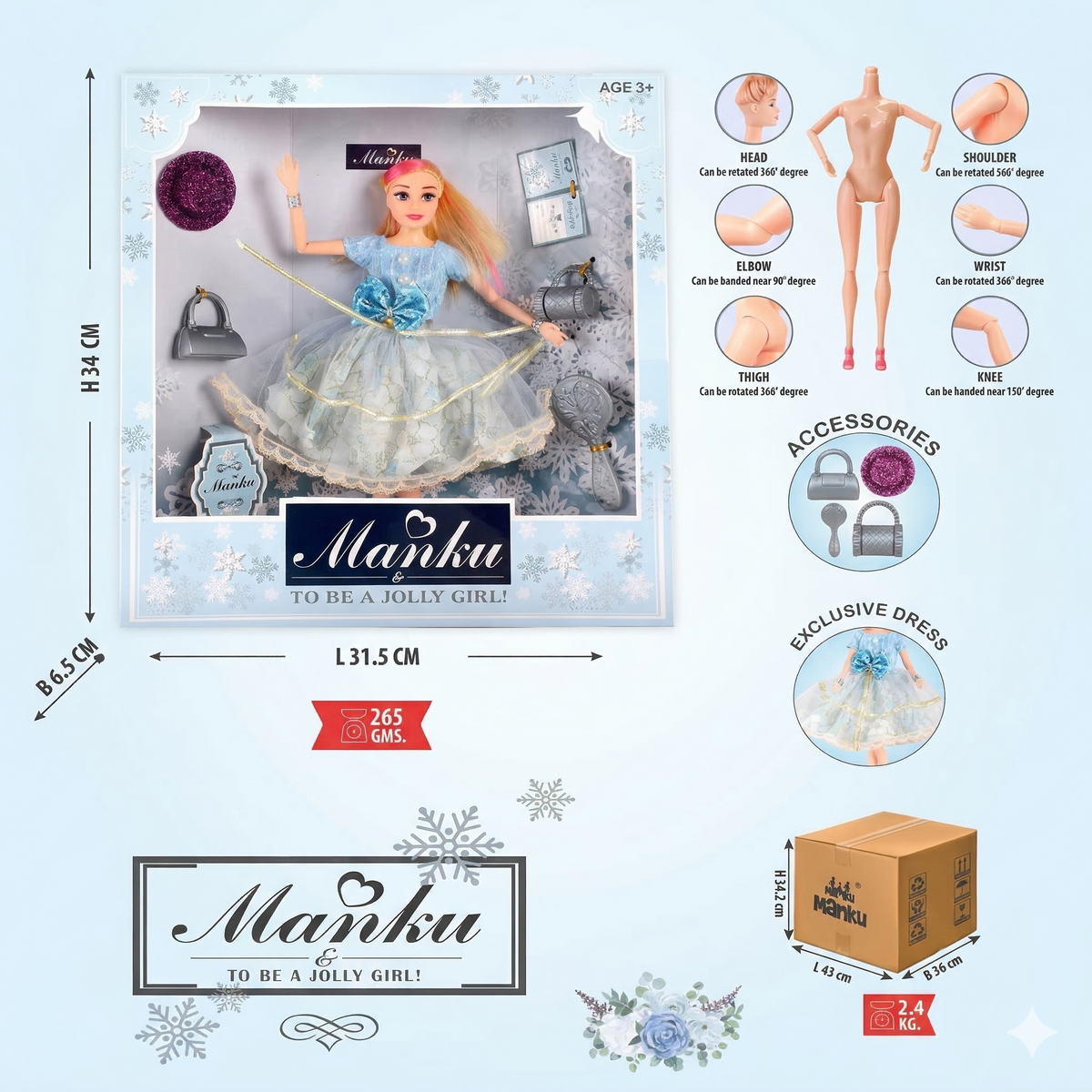 Manku doll packaging with product details and dimensions on a light blue background