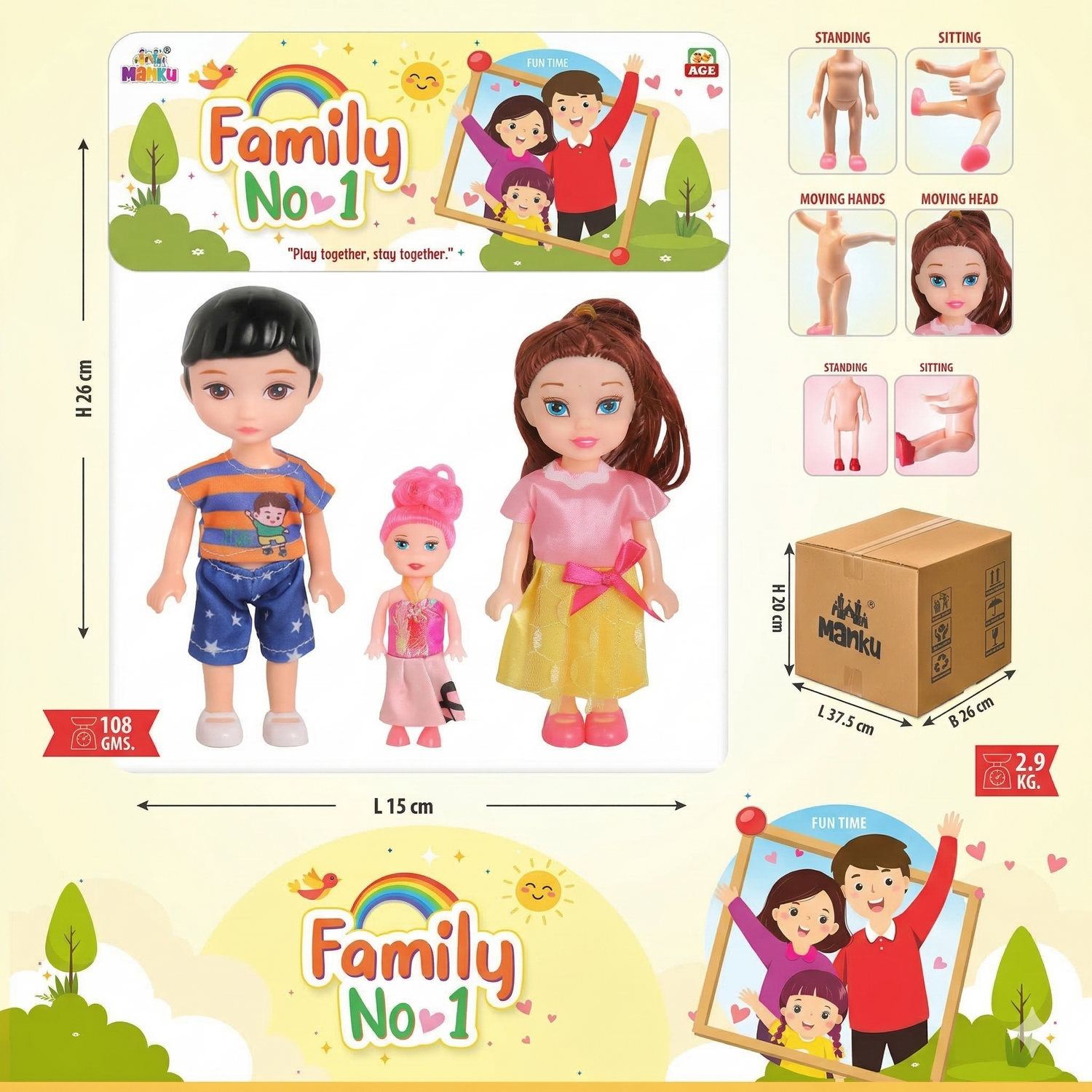 Set of dolls with packaging and dimensions displayed