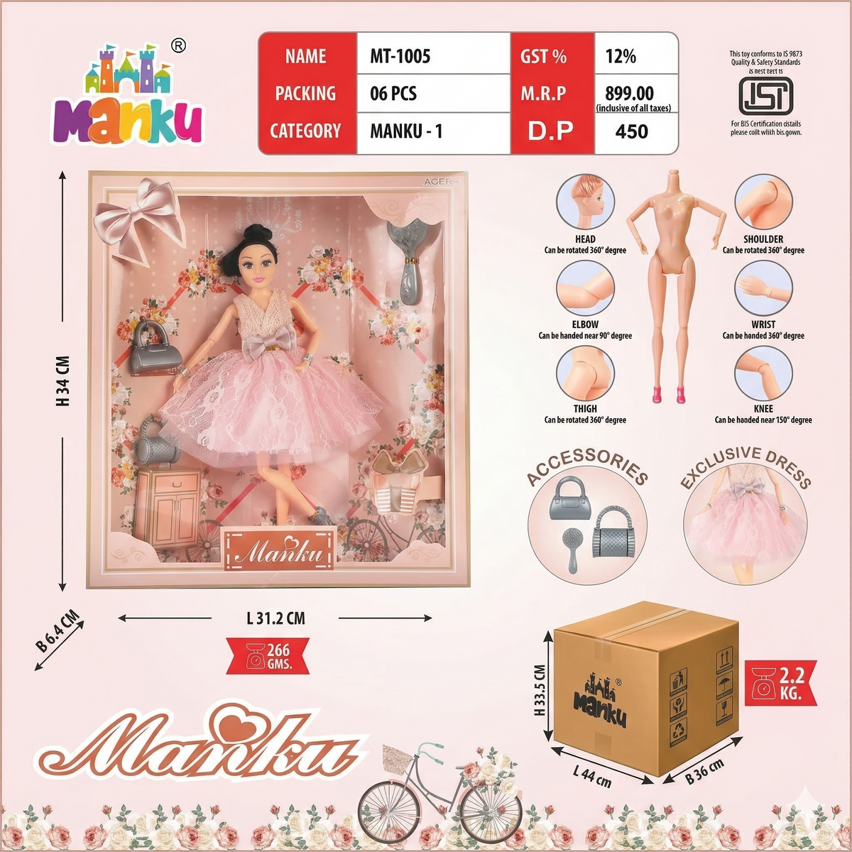 Manku doll packaging with product details and features on a light pink background