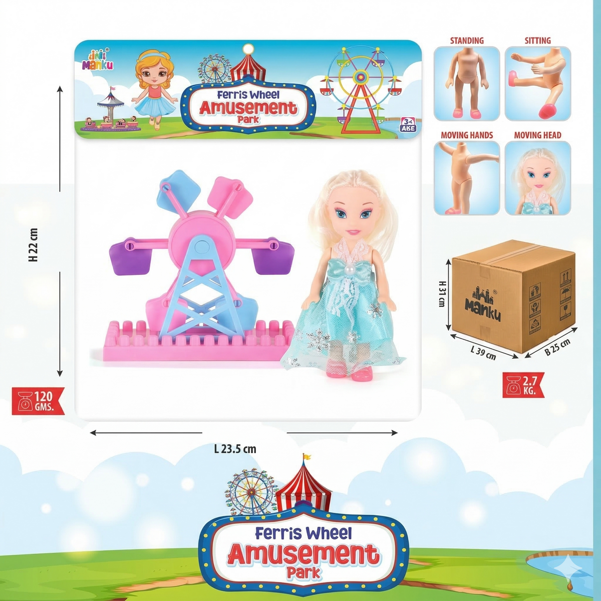 Ferris Wheel Amusement Park toy set with doll and playset, featuring measurements and product details.