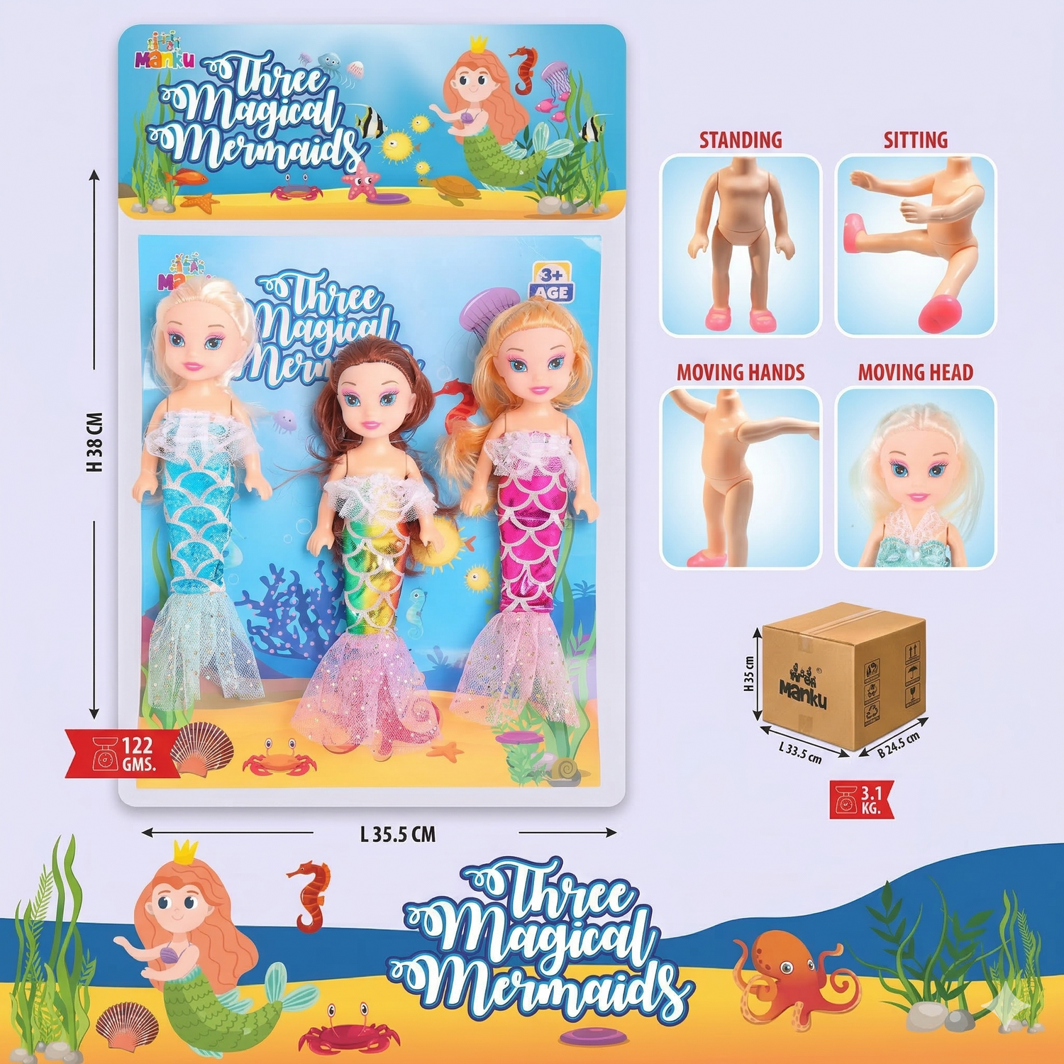 Packaging of 'Three Magical Mermaids' toy set with mermaid dolls and features.