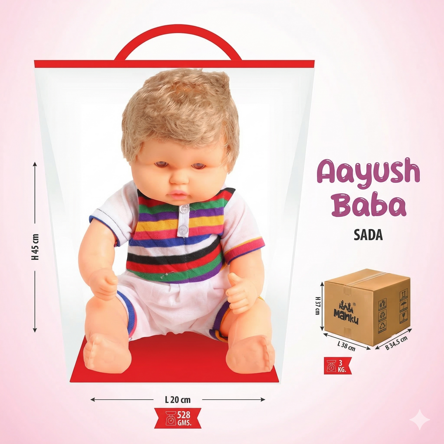 Toy packaging with a baby doll wearing a colorful outfit on a pink background