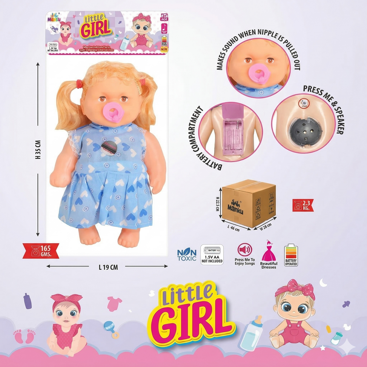 Toy packaging for a 'Little Girl' doll with features and dimensions displayed.