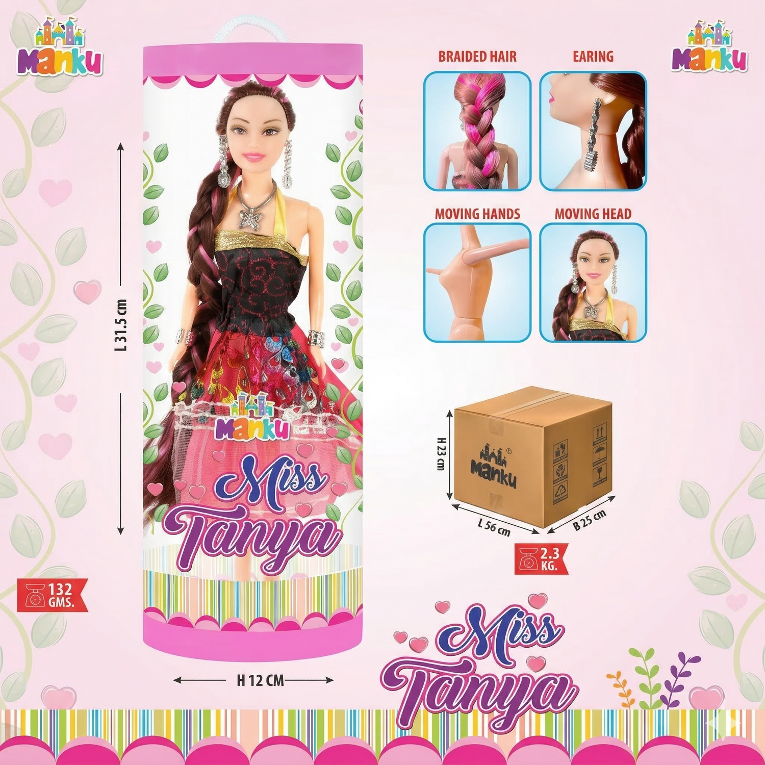 Product packaging of a Manku Miss Tanya doll with features and dimensions on a pink background.