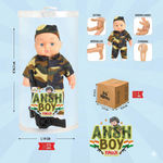 Toy soldier in camouflage outfit with packaging and features on a light blue background