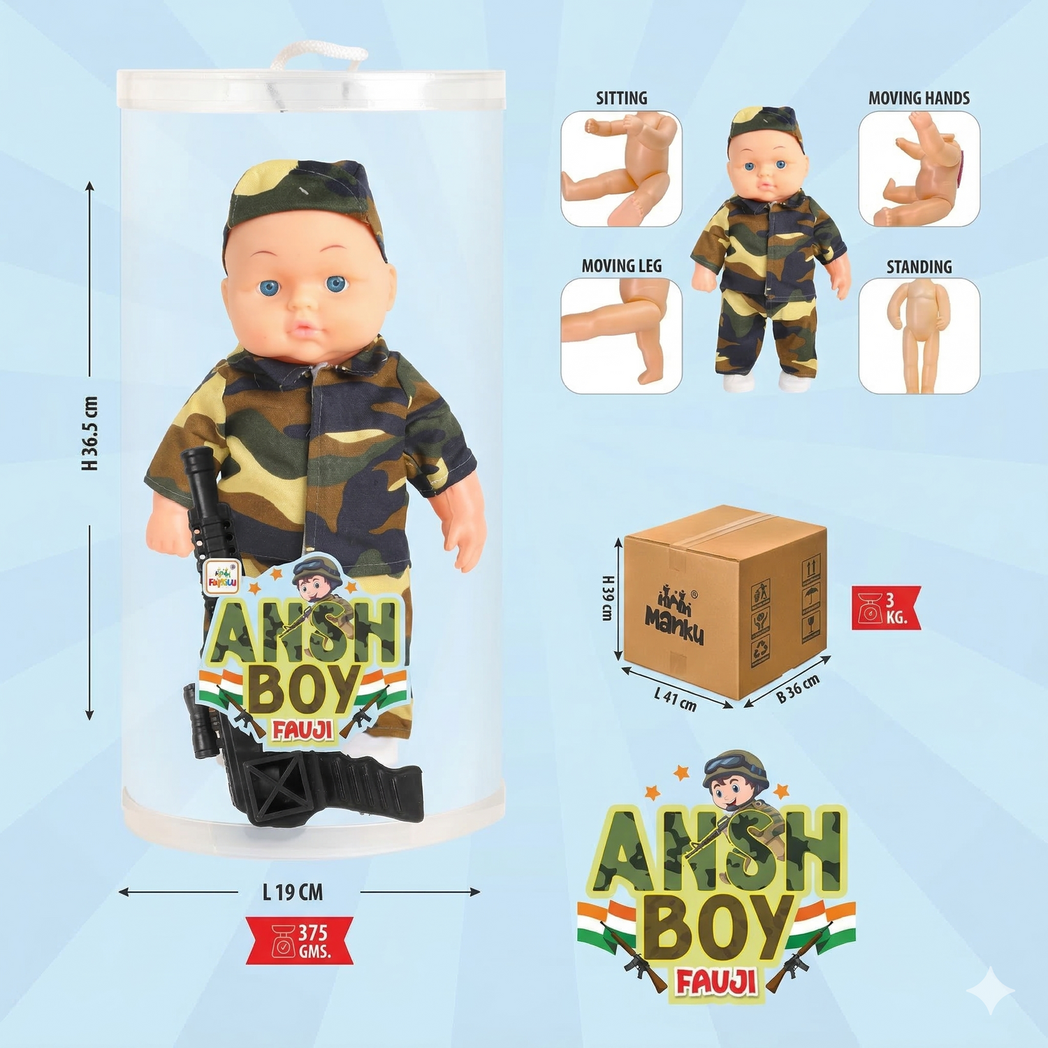 Toy soldier in camouflage outfit with packaging and features on a light blue background