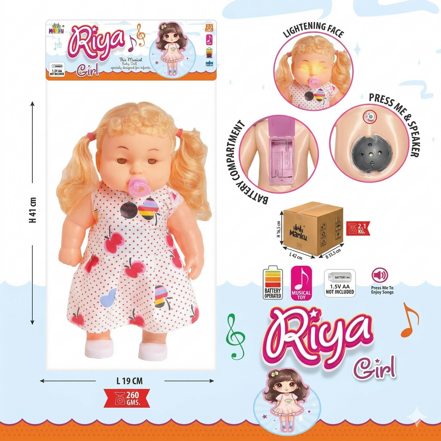 Riya Girl toy doll packaging with features and dimensions on a blue background