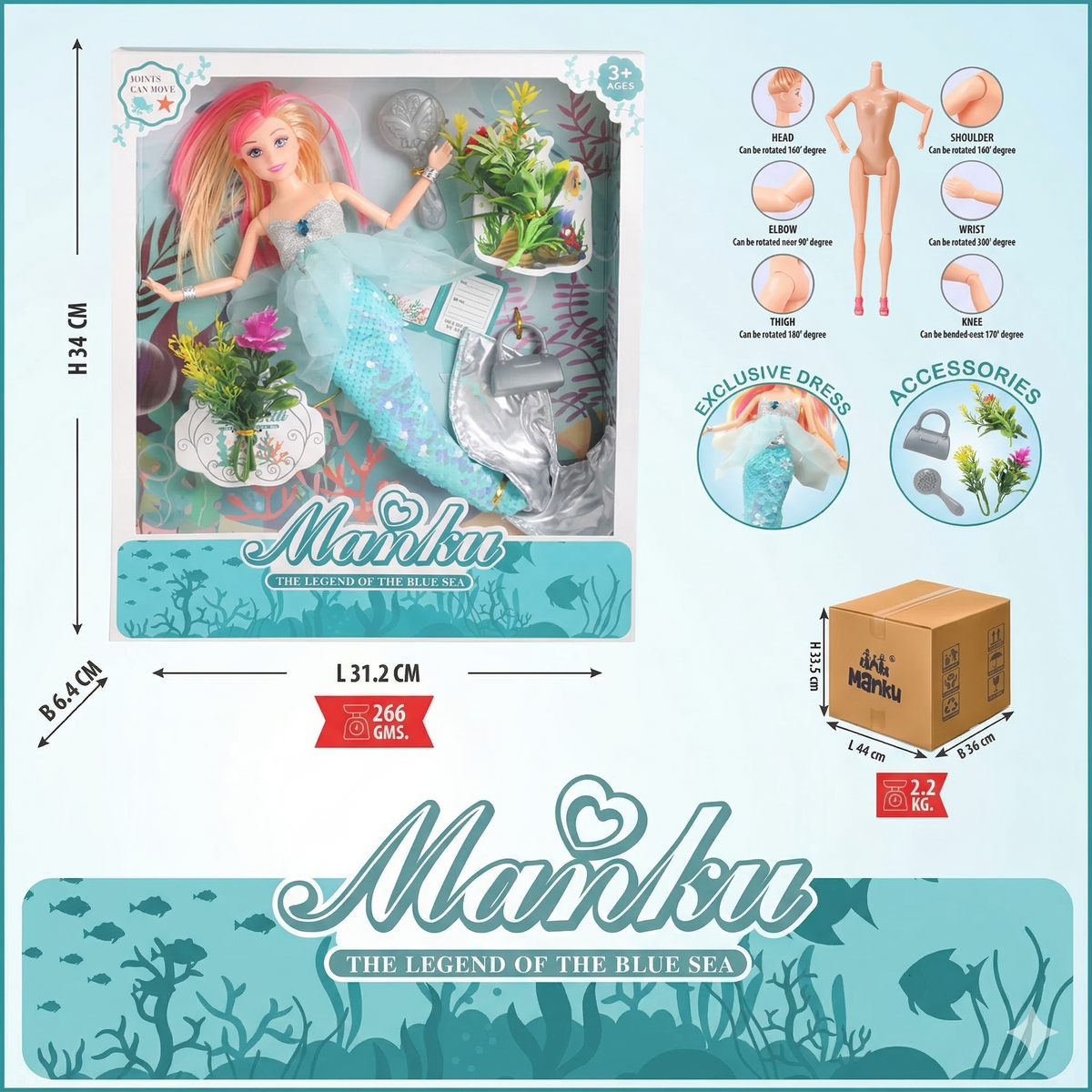Mermaid doll packaging with measurements and product details on a blue background
