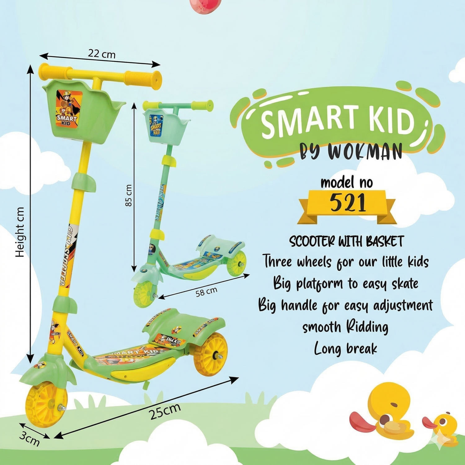 Children's scooter with basket by Smart Kid by Wokman on a blue background