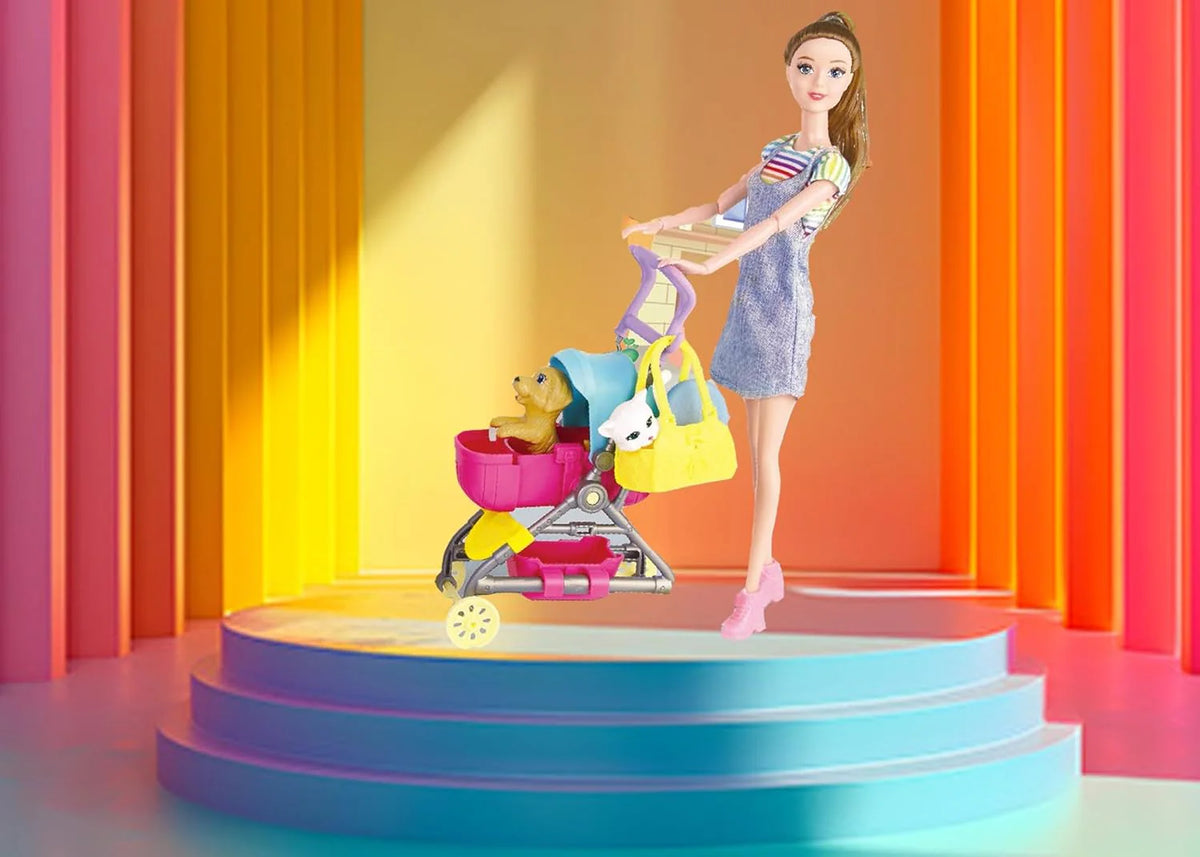 Barbie doll with a stroller and baby items on a colorful platform