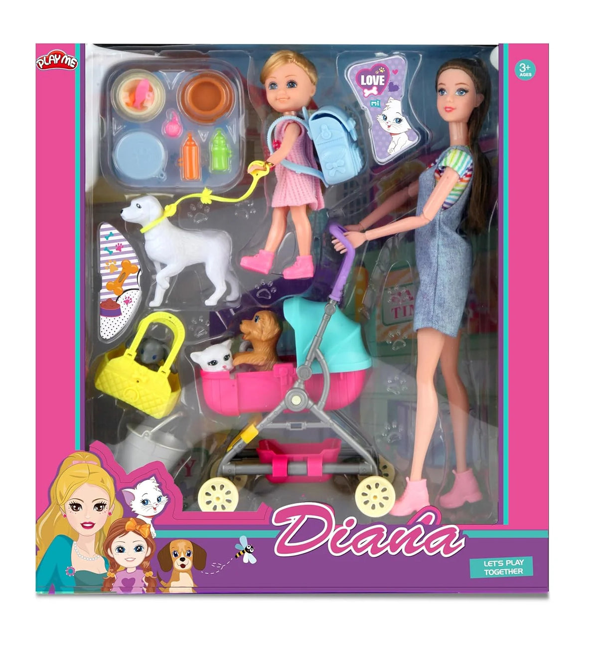Toy set packaging with dolls, pet, and accessories on a white background
