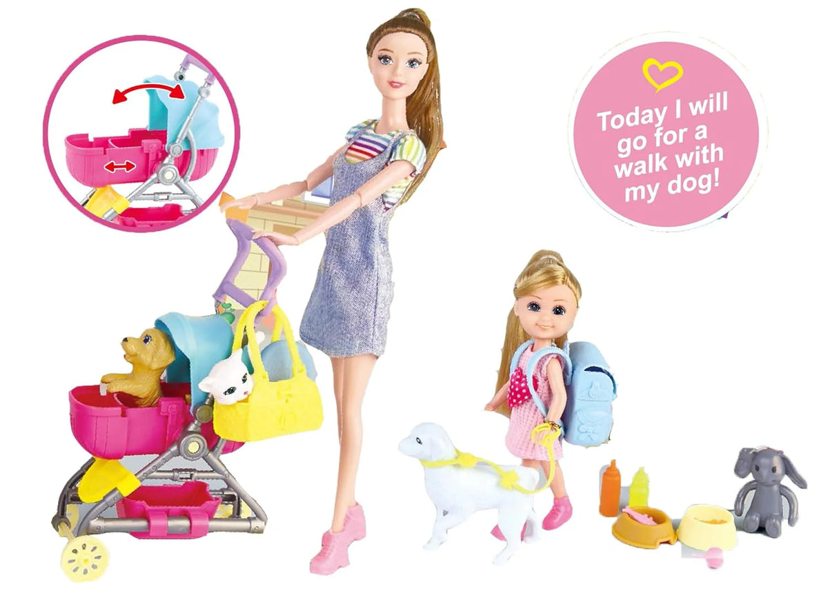 Toy set with dolls, pet stroller, and accessories on a white background