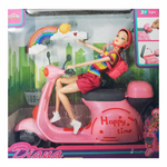 Toy doll on a pink scooter with 'Happy Time' text, surrounded by colorful graphics and branding.