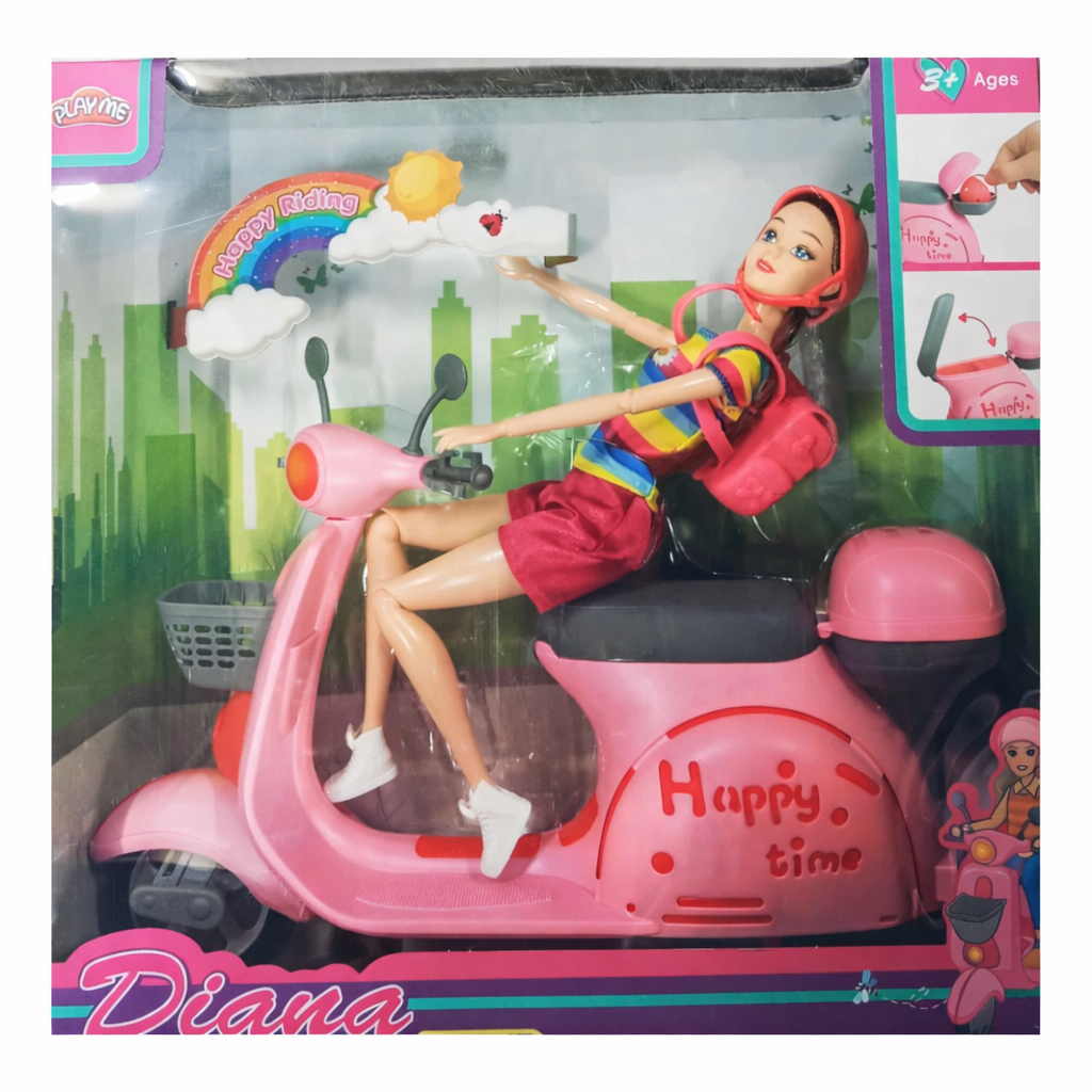 Toy doll on a pink scooter with 'Happy Time' text, surrounded by colorful graphics and branding.