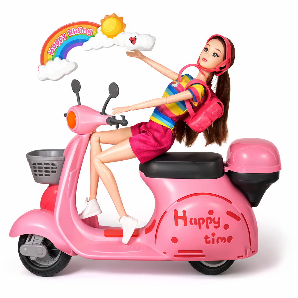 Toy scooter with a doll on a white background