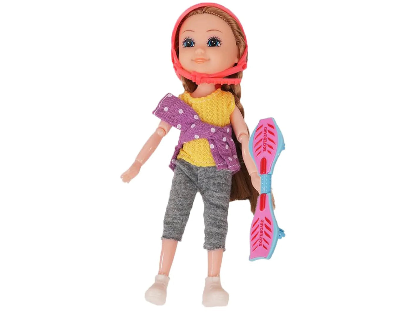 Doll with colorful outfit and accessories on a white background