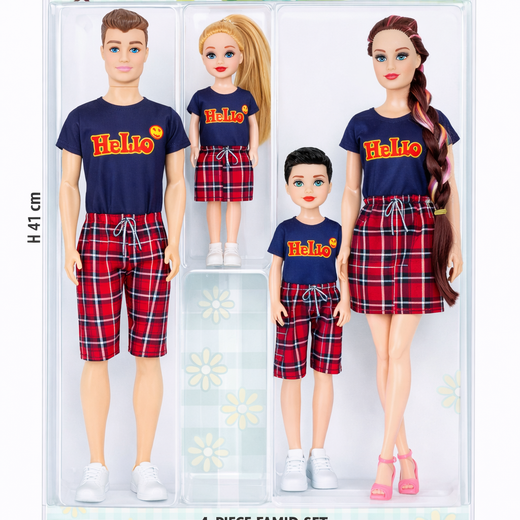 Packaged family doll set with two adults and two children, including 'Hello' t-shirts and plaid pants.