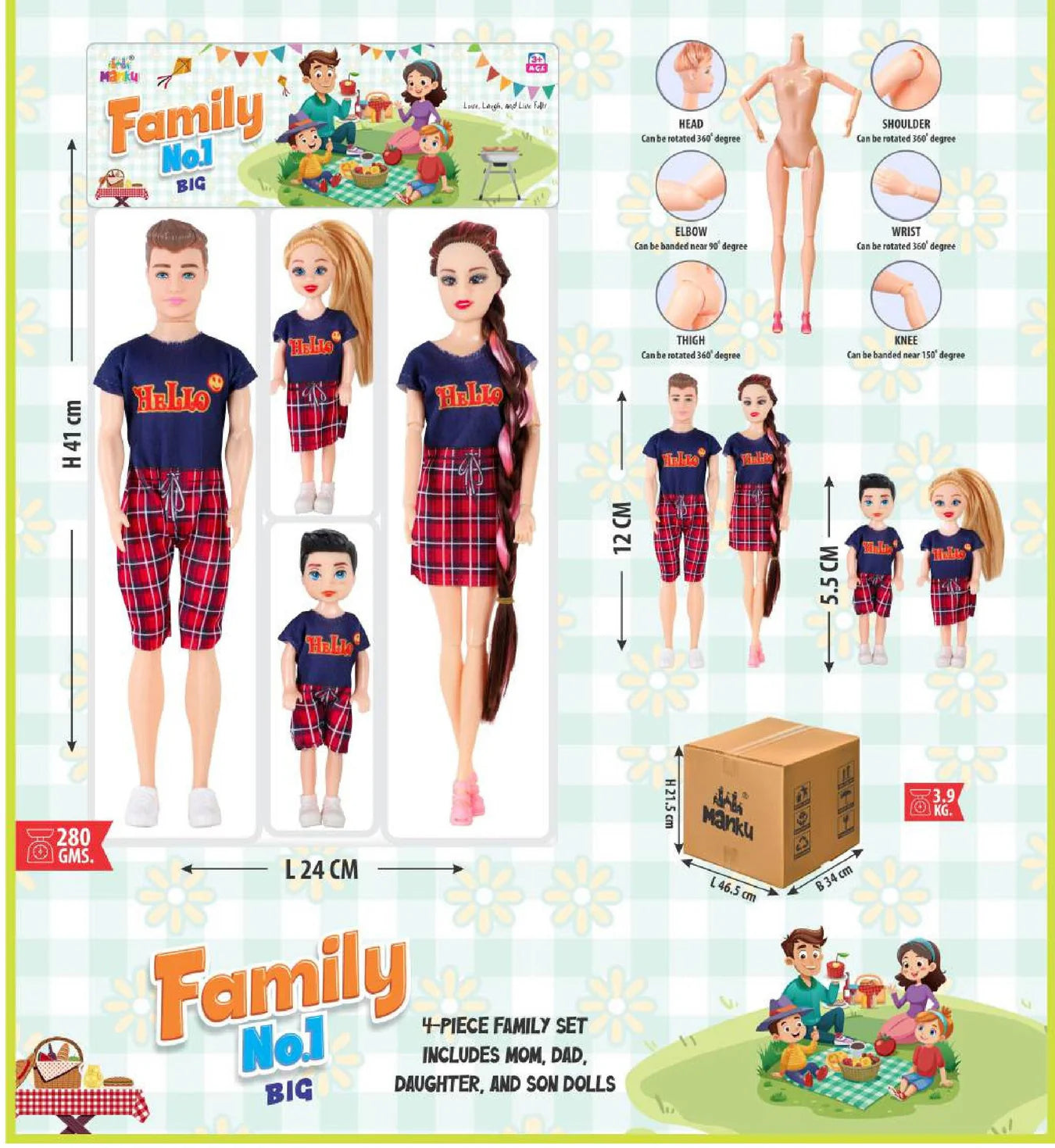 Toy family set with dolls and packaging, including measurements and illustrations.