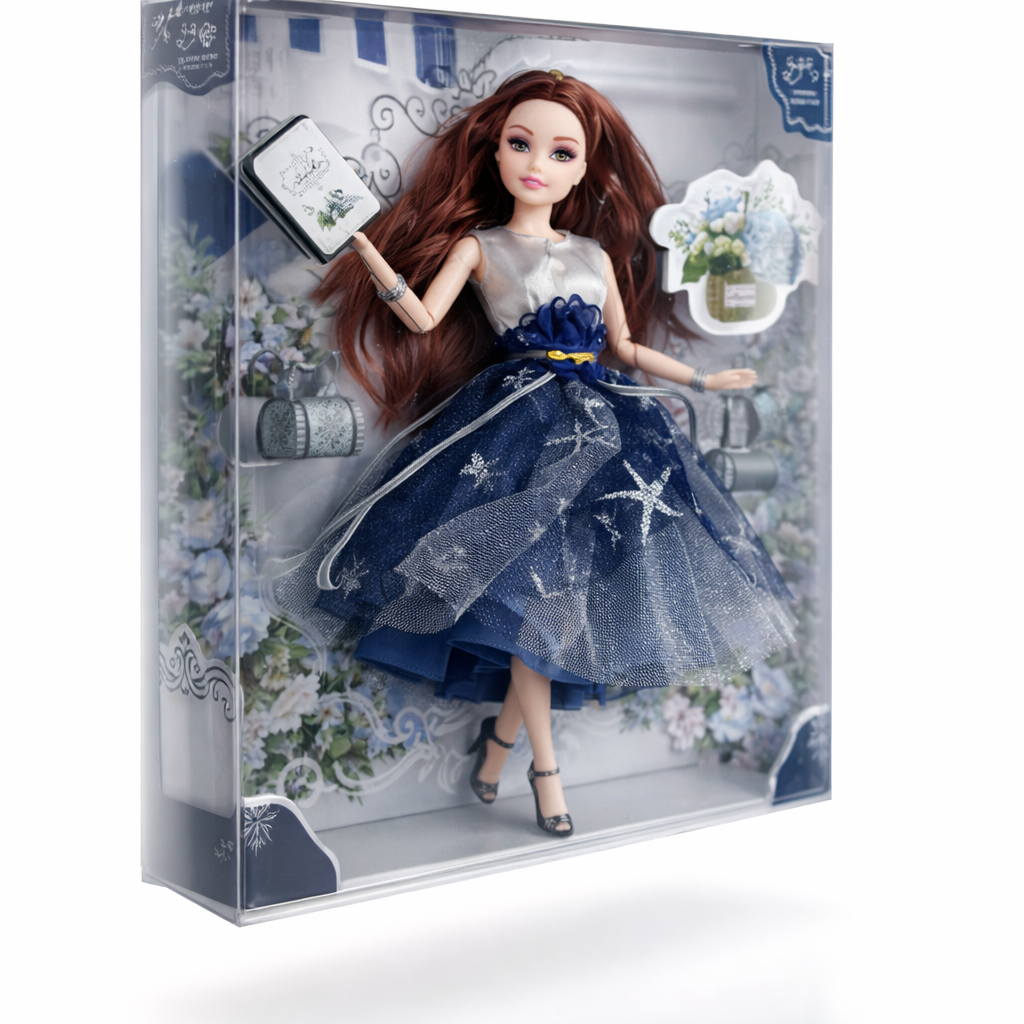 Doll in a blue dress with starfish patterns in a decorative box