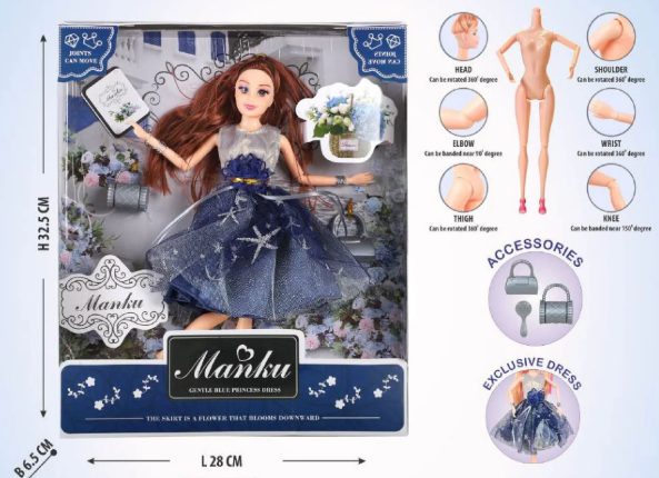 Manku doll packaging with doll, accessories, and dimensions displayed.