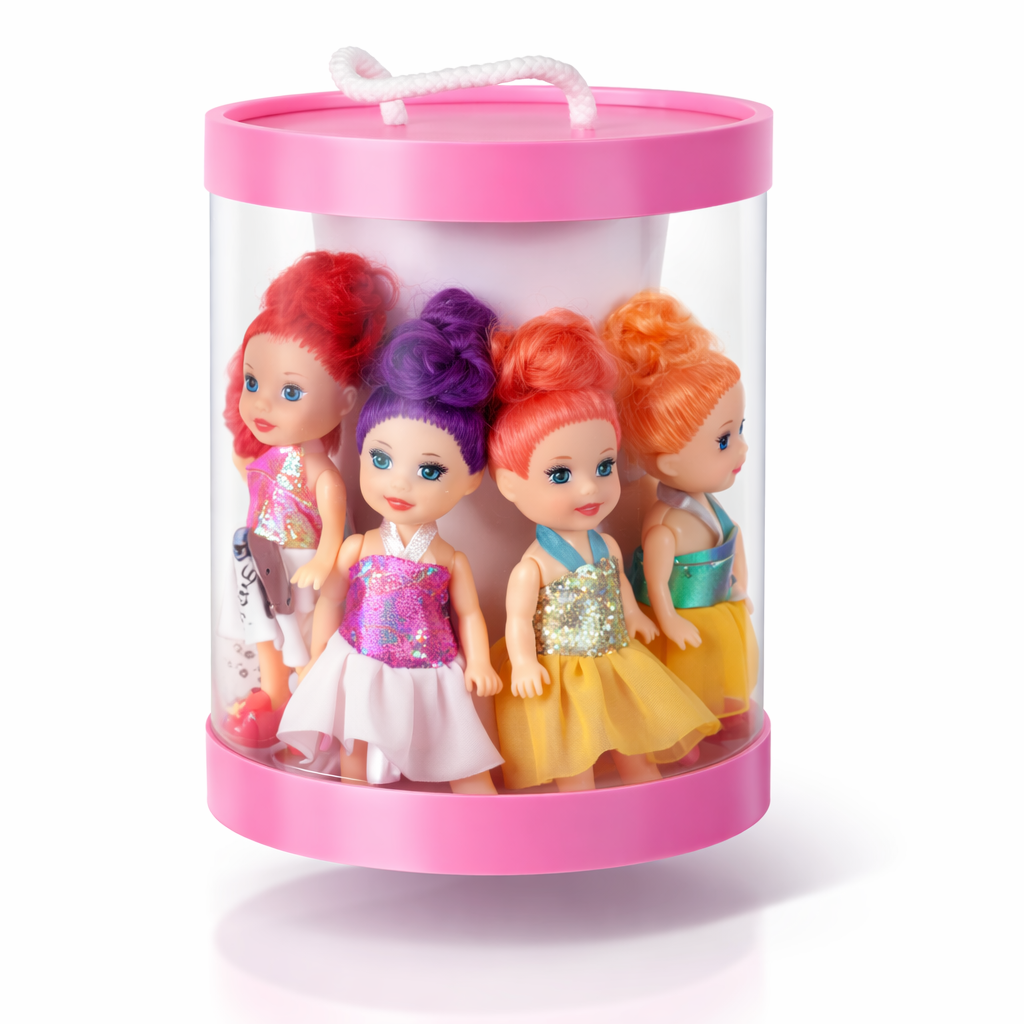 Set of four small dolls with colorful hair and dresses in a pink cylindrical container on a white background