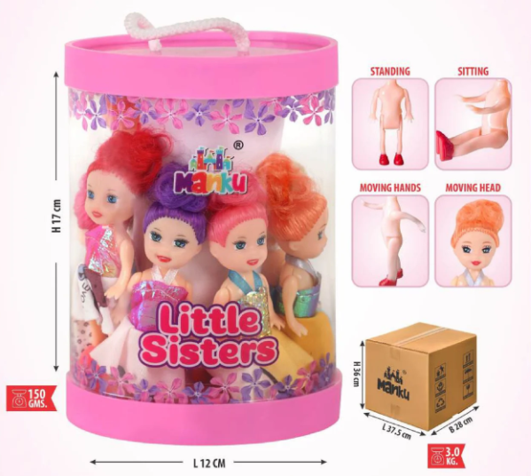 Set of dolls in a pink packaging with illustrations of features and dimensions.