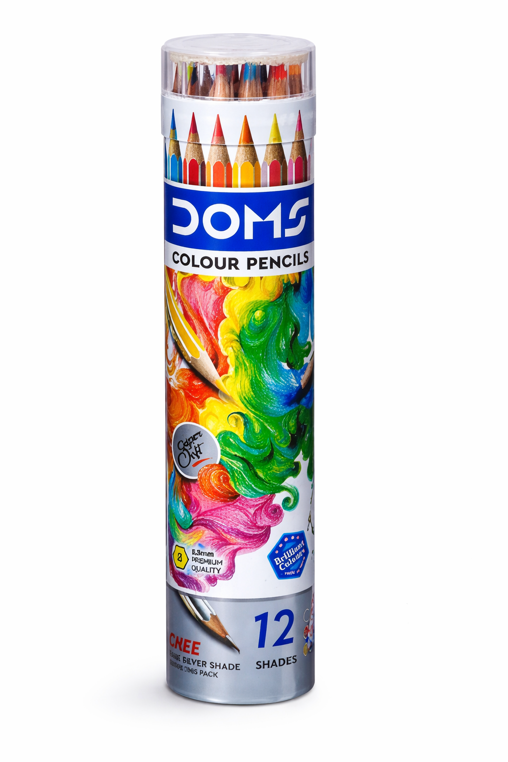 Tube of DOMS color pencils with colorful packaging on a white background