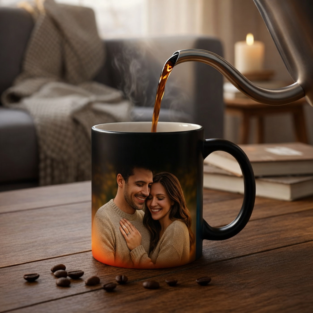 Mug with a printed couple being filled with coffee, placed on a wooden table.