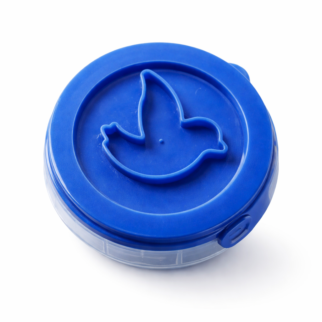 Blue lid with a dolphin design on a white background