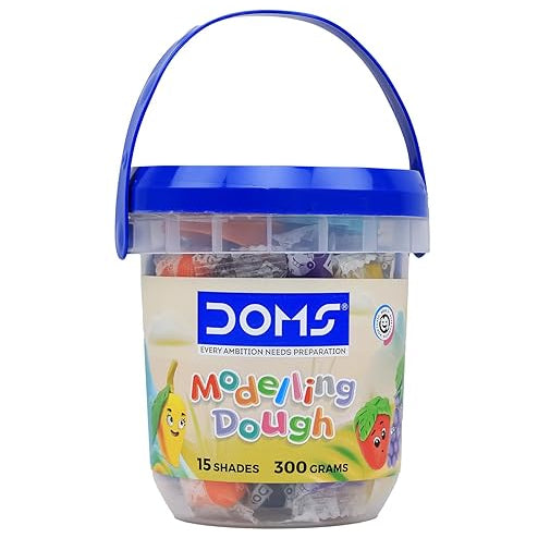 Bucket of DOMS modeling dough with colorful packaging on a white background