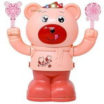 Toy bear with pink boots holding lollipop-shaped candies on a white background