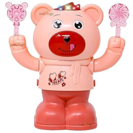 Toy bear with pink boots holding lollipop-shaped candies on a white background