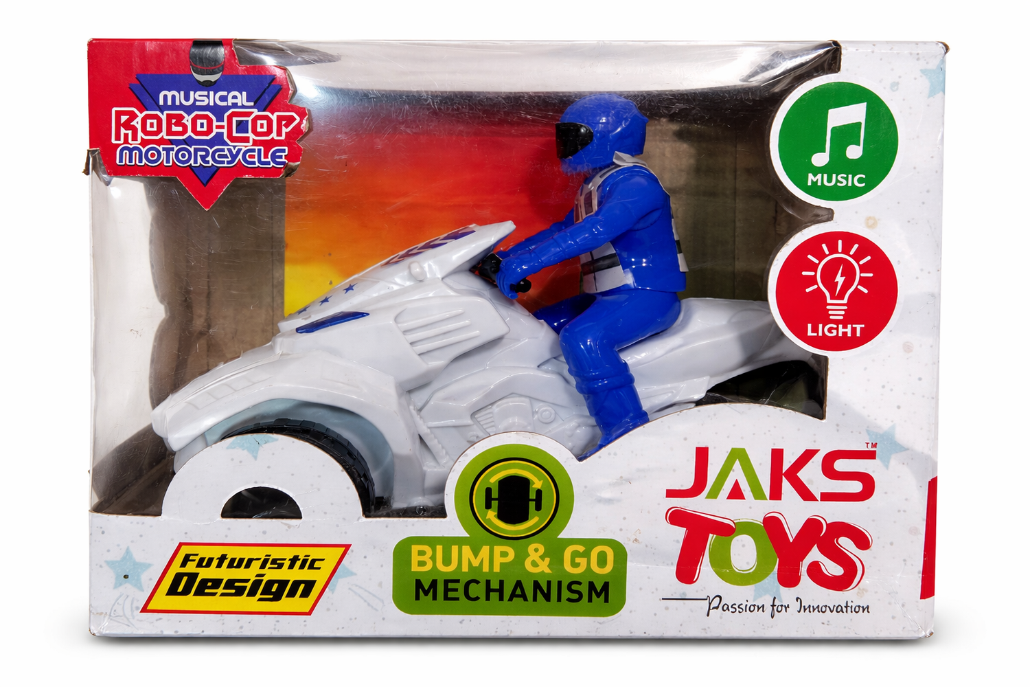 Toy motorcycle with blue rider in packaging, featuring Jaks Toys branding.