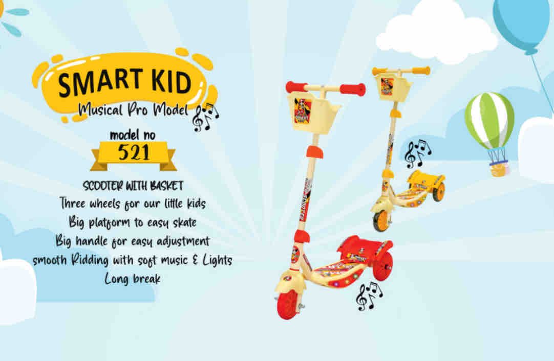 Children's scooter with basket on a blue background with balloons and clouds