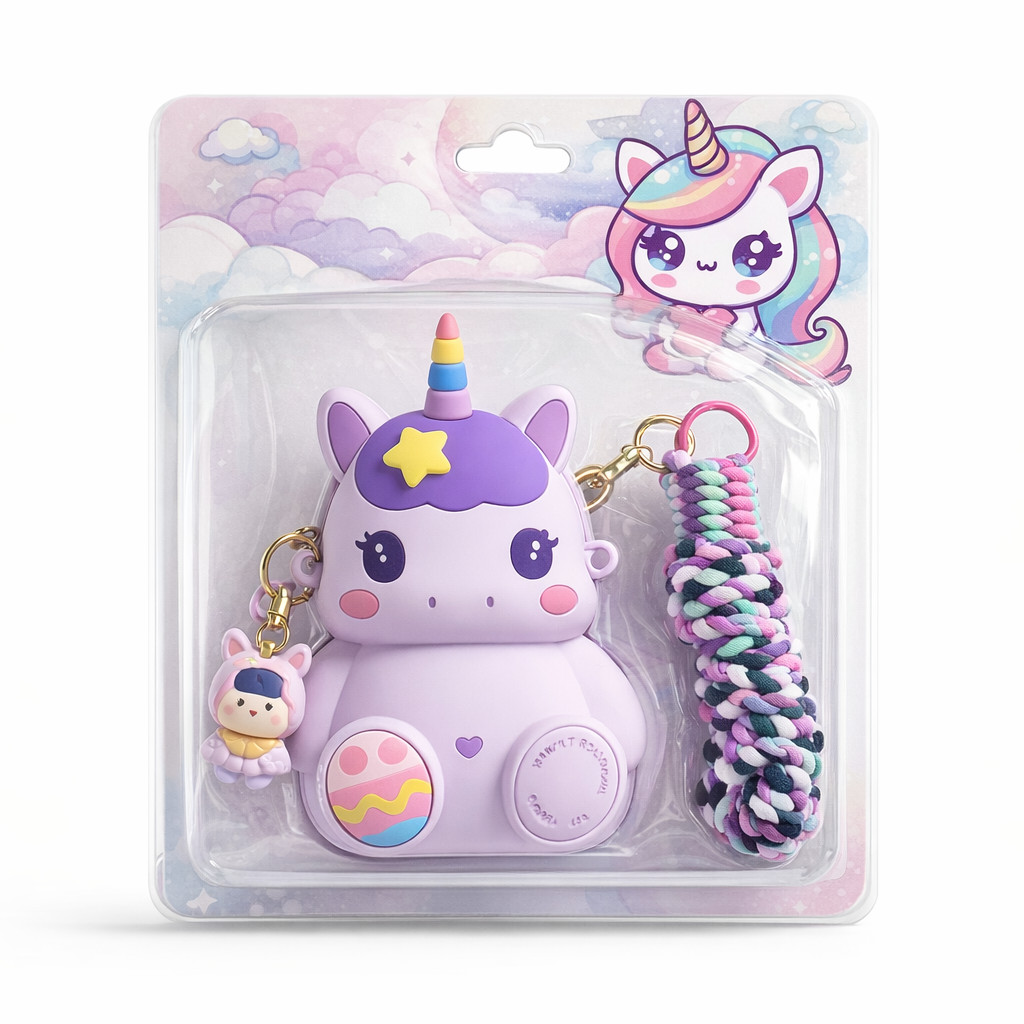 Unicorn-shaped keychain with a rope and small toy in packaging on a white background
