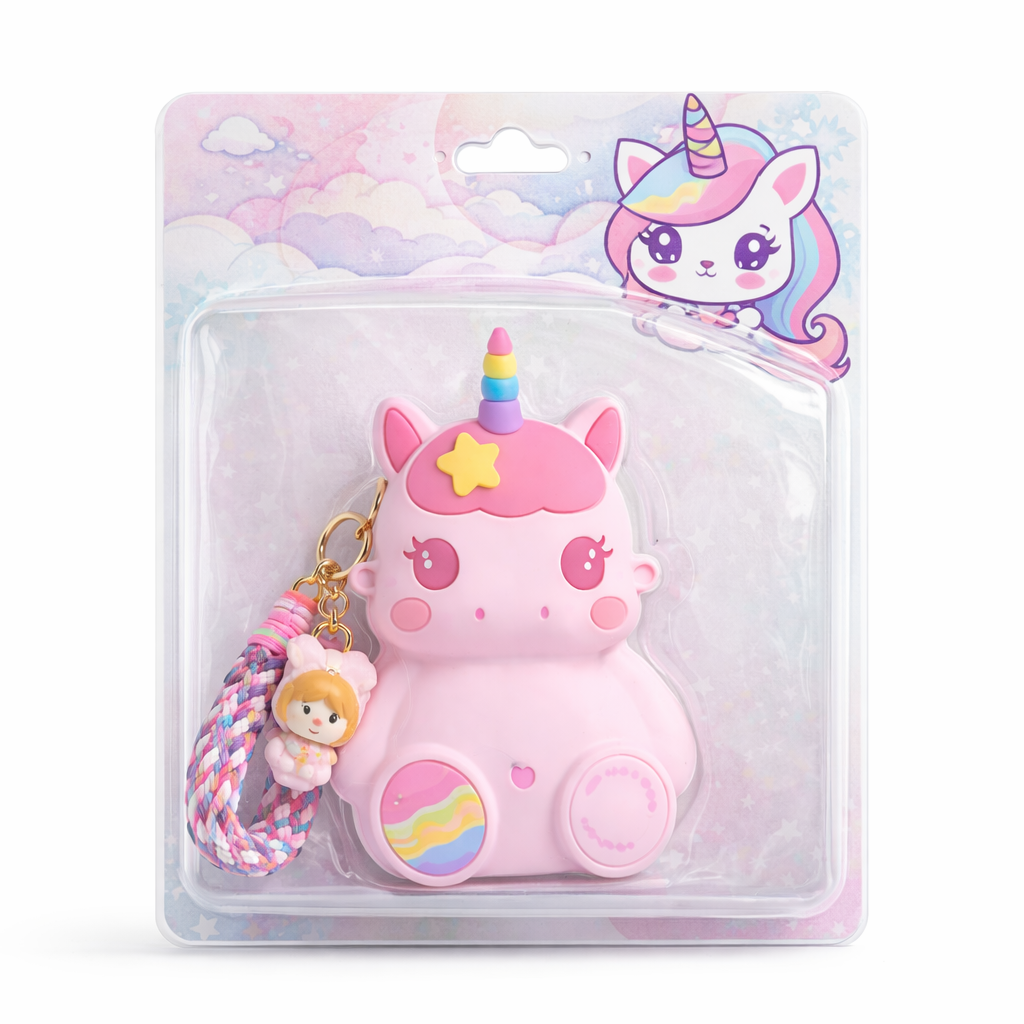 Pink unicorn keychain with rainbow hair in packaging on a white background