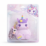 Unicorn-shaped keychain in packaging with a cartoon unicorn illustration on a white background