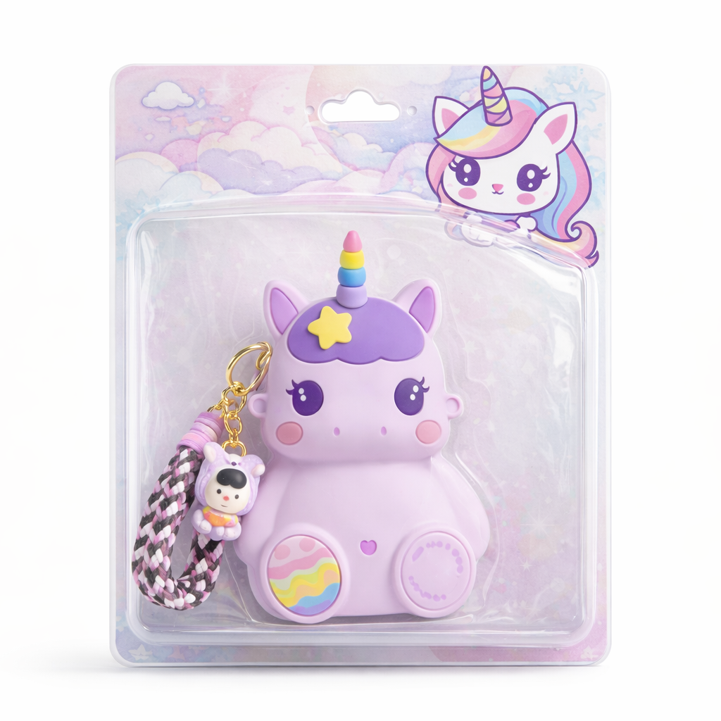 Unicorn-shaped keychain in packaging with a cartoon unicorn illustration on a white background