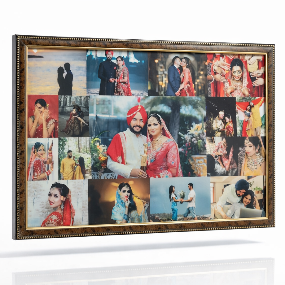 Framed collage of various images on a white background