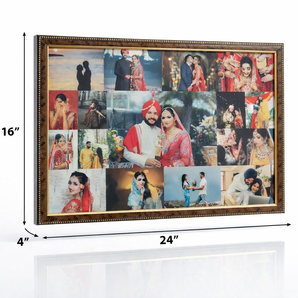 Collage photo frame with dimensions displayed on a white background