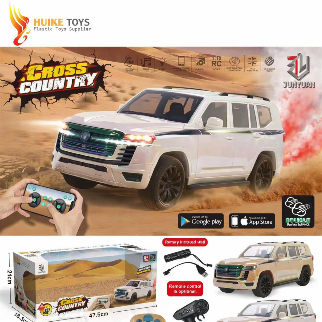 Toy SUV with remote control and packaging on a desert-themed background, featuring HUIKE TOYS branding.