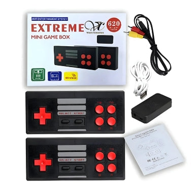 Extreme Mini Game Box with controllers, power cable, and user manual on a white background
