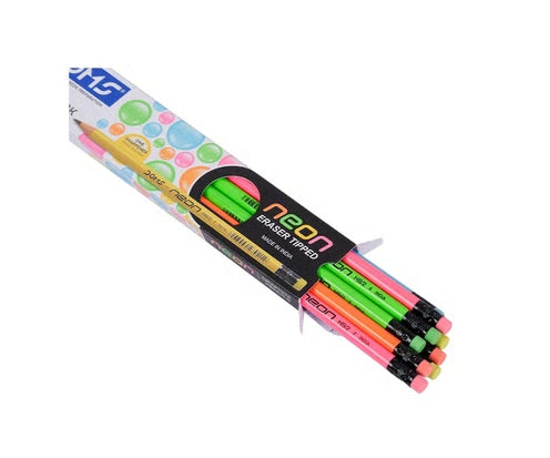 Pack of neon-colored pencils with packaging on a white background