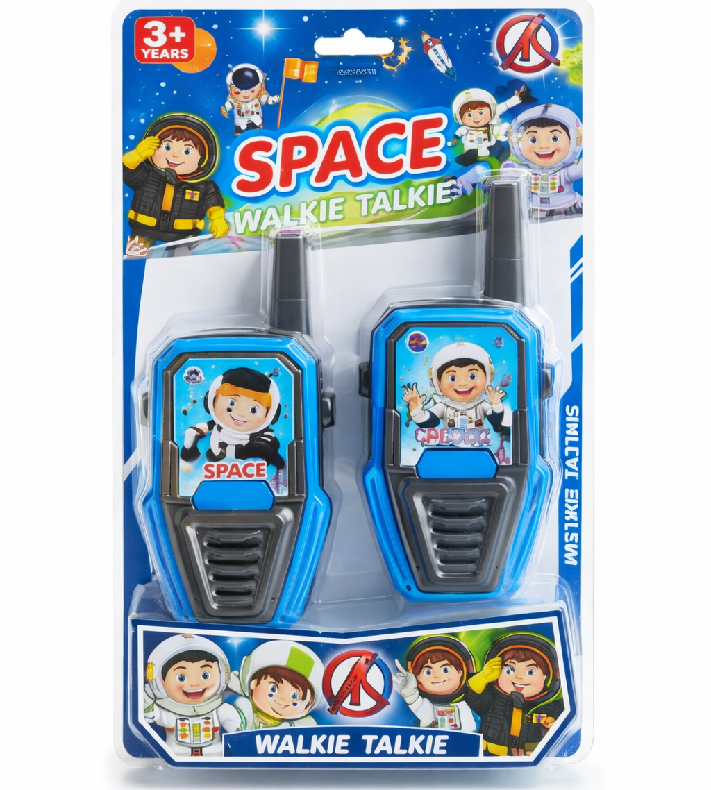 Space-themed walkie talkies in packaging with cartoon astronauts on a white background