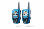 Pair of blue walkie-talkies with character illustrations on a white background