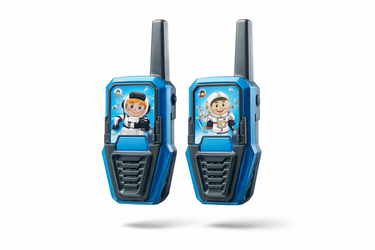 Pair of blue walkie-talkies with character illustrations on a white background