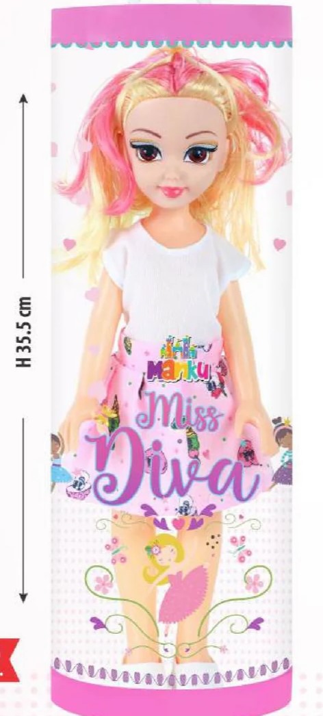 Doll with pink hair and white outfit in a packaging tube with 'Miss Diva' text